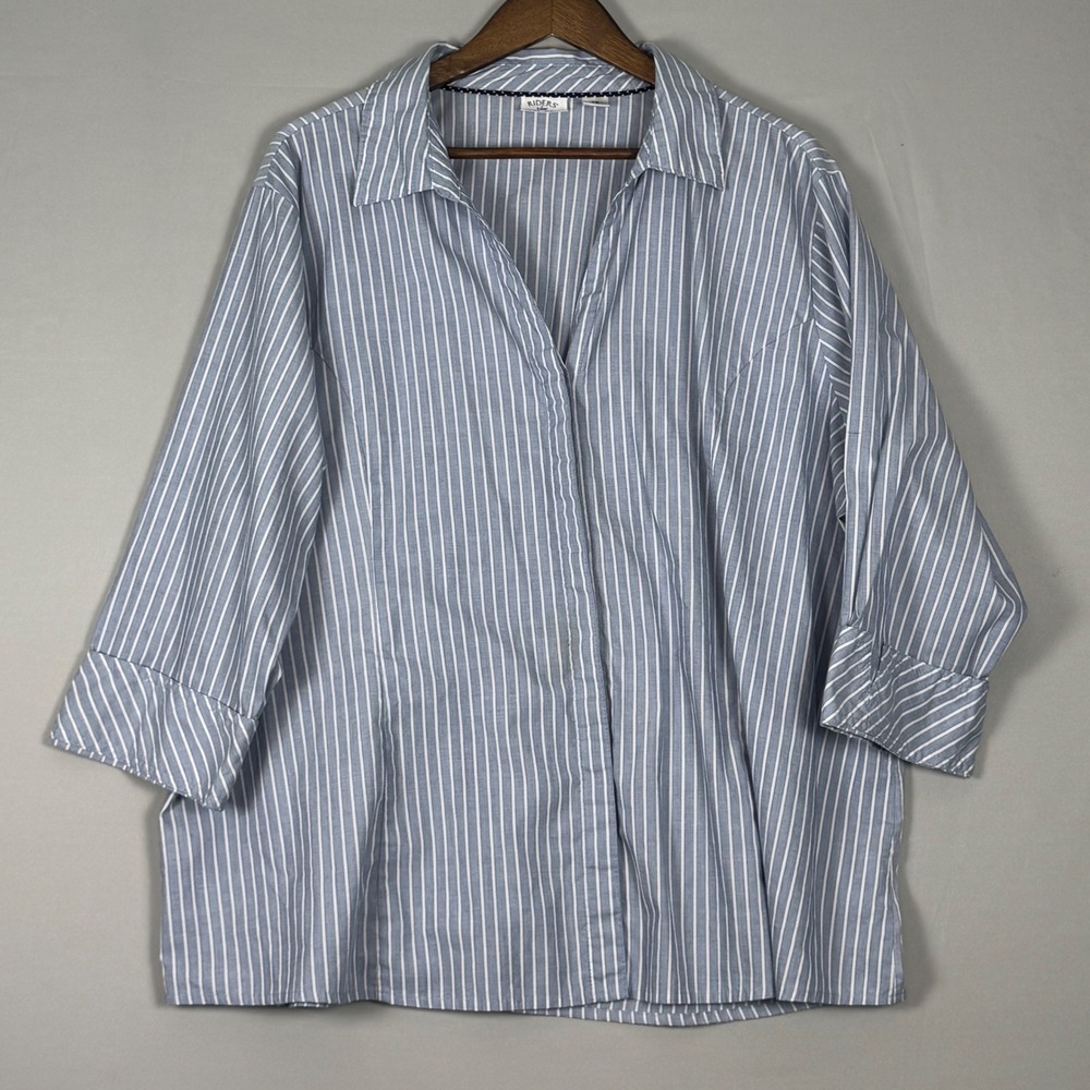 Riders by Lee Button Up Shirt Womens 3X Blue White Striped Excellent 3/4 Sleeve